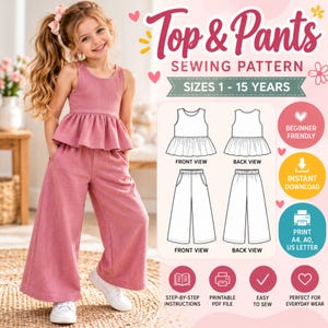 May include: A sewing pattern for a top and pants set in sizes 1-15 years. The image displays a child wearing a dusty rose sleeveless peplum top and matching wide-leg pants, alongside technical line drawings showing front and back views.