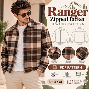 Può includere: Un cartamodello Ranger Zipped Jacket che mostra una giacca a quadri marrone e beige con colletto, cerniera e polsini con bottoni. Il modello PDF include formati A4, US Letter e A0, taglie dalla S alla XXXL e una guida passo dopo passo.