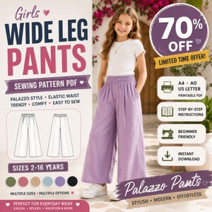 Kids Wide Leg Pants Sewing Pattern PDF | Children's Elastic Waist Trousers | A4 A0 US Letter | Digital Download | Sizes 2-16Y