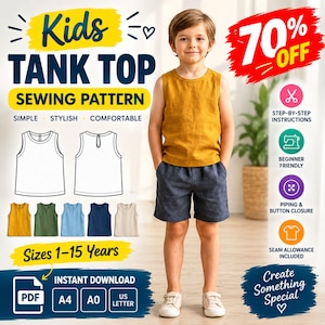 Könnte beinhalten: Ein digitales Schnittmuster für ein Kinder-Tanktop, bestehend aus einem senfgelben ärmellosen Oberteil und einer dunkelblauen Shorts. Die Grafik enthält technische Strichzeichnungen, Farbmuster sowie Angaben zu Größen 1-15 Jahre und PDF-Format.