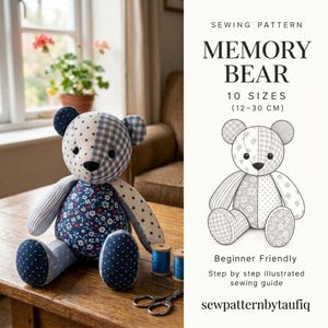 Memory Bear Sewing Pattern PDF, 10 Sizes Keepsake Teddy Bear Pattern, Shirt Memory Bear Tutorial, Memorial Bear Pattern Instant Download