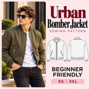 May include: An olive green bomber jacket with a front zipper, ribbed collar, and cuffs. The text reads Urban Bomber Jacket SEWING PATTERN BEGINNER FRIENDLY XS - 3XL. Includes a white line drawing showing the front and back of the jacket.