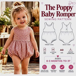 May include: A sewing pattern for The Poppy Baby Romper, featuring a child in a red and white gingham romper. The graphic includes front and back line drawings of the romper, text indicating sizes 0-3 months to 3T, and icons for A4, US letter, and A0 sizes.