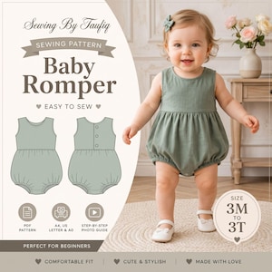 Baby Romper Sewing Pattern | Bubble Romper Pattern | Gathered Bottom Romper | Baby Sewing | 3M–3T | A4 A0 US Letter | Button Back Romper