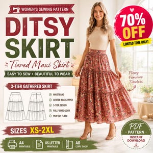 Ditsy 3-Tier Maxi Skirt Sewing Pattern | Feminine Gathered Boho (PDF Download)
