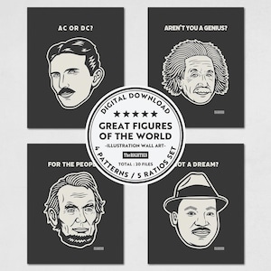 以下が含まれることがあります： ニコラ・テスラ、アルベルト・アインシュタイン、エイブラハム・リンカーン、マーティン・ルーサー・キング・ジュニアのイラストが描かれた4枚の白黒ウォールアートセット。各ポートレートには「AC OR DC?」「AREN'T YOU A GENIUS?」「FOR THE PEOPLE」「NOT A DREAM?」というテキストが含まれています。