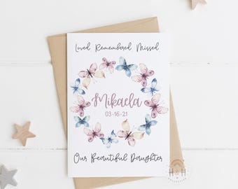 Corona de mariposas para la pérdida de un hijo Tarjeta conmemorativa celestial personalizada para cumpleaños/aniversario/recuerdo de la pérdida de un bebé