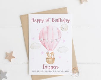 Tarjeta de cumpleaños celestial conmemorativa para bebé en globo aerostático / Regalo personalizado de recuerdo para bebé ángel
