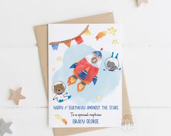 Tarjeta de cumpleaños con animales y astronautas / Cohete espacial, estrellas, planetas / Tarjeta personalizada para sobrino