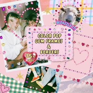 May include: A digital graphic set featuring Color Pop Gem Frames and Borders with 35+ PNGs. The design includes scattered colorful faux gemstones, star shapes, and heart motifs over a collage of pink, plaid, and checkered patterns with text.