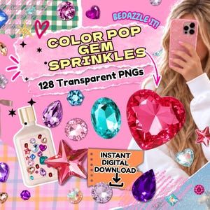 Puede incluir: Un conjunto gráfico digital titulado COLOR POP GEM SPRINKLES 128 Transparent PNGs que presenta varias ilustraciones de piedras preciosas facetadas de colores en formas de corazón, estrella y lágrima, junto a un frasco de perfume y un gato sobre fondo rosa.