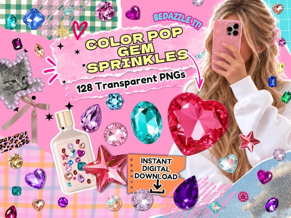 Color Pop Gem Sprinkles – 128 Colorful Gem & Rhinestone PNG Clipart Bundle