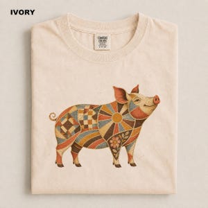 Faux Patchwork Pig Shirt, Folk Art Farm Animal Graphic Tee