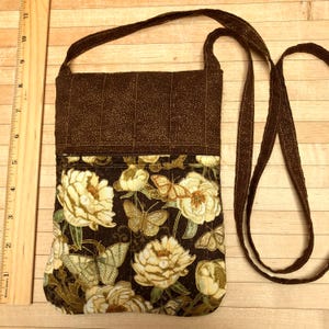 small crossbody bag or shoulder purse handmade sling bag hipster small travel bag golden brown floral butterflies moths