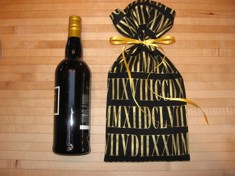 sophisticated masculine or neutral fabric gift bag with ribbon tie wine gift bag