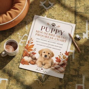 May include: A puppy housebreaking progress chart featuring a golden retriever puppy, autumn leaves, pumpkins, and a plaid blanket. The text reads: PUPPY HOUSEBREAKING PROGRESS CHART, DOG TRAINING MILESTONE TRACKER, POTTY SUCCESS RECORD PRINTABLE, AUTUMN PET PARENT ORGANIZER.