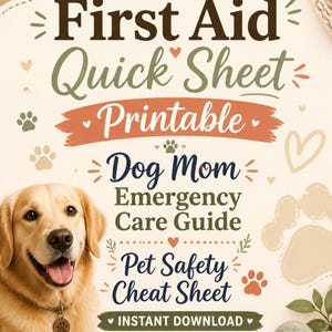 Könnte beinhalten: Ein druckbares Erste-Hilfe-Merkblatt für Haustiere mit einem Golden Retriever, Pfotenabdrücken und Herzen. Der Text lautet: Pet First Aid Quick Sheet, Printable, Dog Mom Emergency Care Guide, Pet Safety Cheat Sheet, INSTANT DOWNLOAD, Dog Mom Printables.