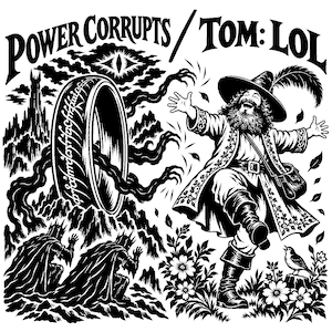 May include: A black and white graphic illustration featuring a large ring with inscriptions, a dark tower, and a laughing bearded figure in a hat and coat. The text at the top reads POWER CORRUPTS / TOM: LOL. The scene includes dark tendrils, mountains, and flowers.