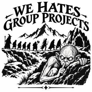 May include: A black and white graphic illustration featuring the text WE HATES GROUP PROJECTS at the top. Below, a line of nine silhouetted figures walks toward a mountain cave, while a detailed creature crouches in the foreground holding a finger to its lips.