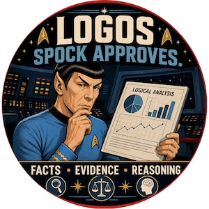 May include: A circular graphic featuring Spock in a blue uniform holding a document titled LOGICAL ANALYSIS with charts. The text reads LOGOS SPOCK APPROVES and FACTS EVIDENCE REASONING, accompanied by icons of a magnifying glass, scales, and a brain.