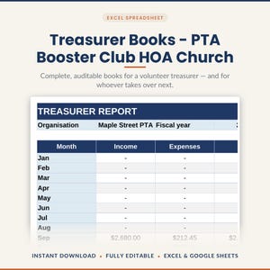 May include: An Excel spreadsheet template titled Treasurer Books - PTA Booster Club HOA Church. The document features a Treasurer Report table with columns for Month, Income, and Expenses, showing data for months Jan through Sep in a digital format.