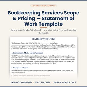 Può includere: Un modello Word modificabile per una dichiarazione di lavoro sull'ambito e sui prezzi dei servizi di contabilità. Il documento include sezioni sulla relazione con un accordo quadro di servizio e una descrizione dei servizi.