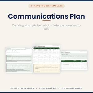 Puede incluir: Una plantilla de plan de comunicación de 6 páginas para Microsoft Word con un título en azul oscuro, un subtítulo y tres vistas previas de documentos que muestran una matriz de comunicación, una ruta de escalada e instrucciones.