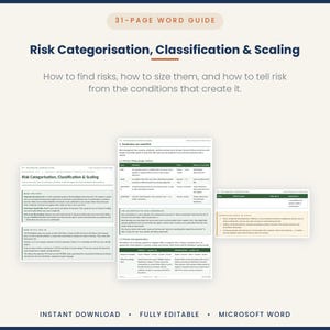 May include: A 31-page word guide titled Risk Categorisation, Classification & Scaling. The document includes sections on vocabulary, risk identification, and common pitfalls to avoid, presented in a professional layout for project management.