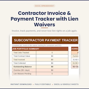 Puede incluir: Una plantilla de hoja de cálculo de Excel titulada Contractor Invoice & Payment Tracker with Lien Waivers. La interfaz muestra una tabla de seguimiento de pagos a subcontratistas con columnas para el resumen de la cartera de trabajos.