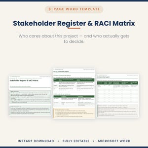 Puede incluir: Una plantilla de Word de 6 páginas titulada Stakeholder Register & RACI Matrix. El documento incluye secciones para identificar a las partes interesadas del proyecto, evaluar su interés e influencia, y una tabla de roles.