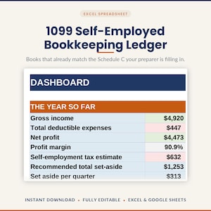 1099 Self Employed Bookkeeping Spreadsheet Excel Google Sheets | Schedule C Ledger | Freelancer Income Expense Tax Tracker