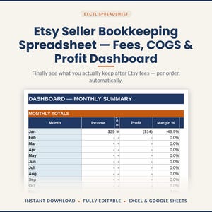 Etsy Seller Bookkeeping Spreadsheet | Etsy Fee Calculator and Profit Tracker Excel | COGS Tracker | Etsy Shop Sales Dashboard