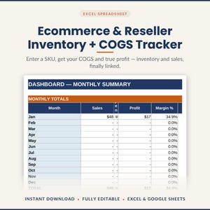Reseller Inventory Spreadsheet | Ecommerce COGS Tracker Excel | eBay Poshmark Mercari Sales Log | Profit Per Sale Calculator