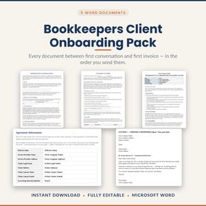 May include: A digital collection of 5 Word documents titled Bookkeepers Client Onboarding Pack. The set includes a Memorandum of Understanding, Statement of Work, Engagement Letter, Agreement Information sheet, and a Friendly Reminder letter.