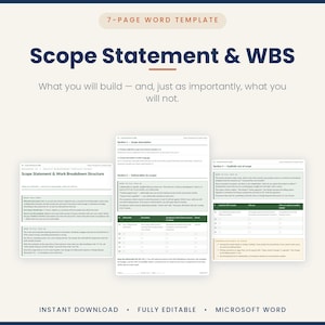Peut inclure: Un modèle Microsoft Word de 7 pages pour une déclaration de périmètre et une structure de découpage du projet. Le document comprend des sections pour les objectifs, les livrables et les éléments hors périmètre avec des tableaux et instructions.
