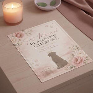 May include: A rectangular pet memorial planning journal with a soft pink background, featuring floral illustrations, paw prints, and a silhouette of a dog with a halo. The text reads Pet Memorial PLANNING JOURNAL and Honor Their Life, Cherish Their Memory.