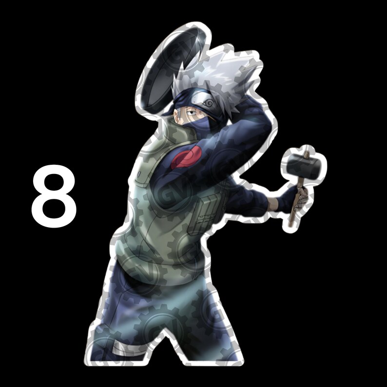 May include: A die-cut sticker featuring a spiky-haired character with a headband covering one eye and a face mask. The character wears a light green vest over a dark blue long-sleeve shirt, holding a black hammer. The number 8 is visible.