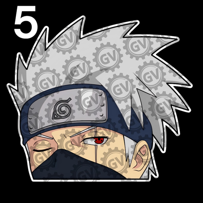 May include: A sticker featuring a stylized illustration of a character with spiky silver hair, a dark blue forehead protector with a spiral symbol, and a black face mask covering the nose and mouth. One eye is closed, and the other is red.