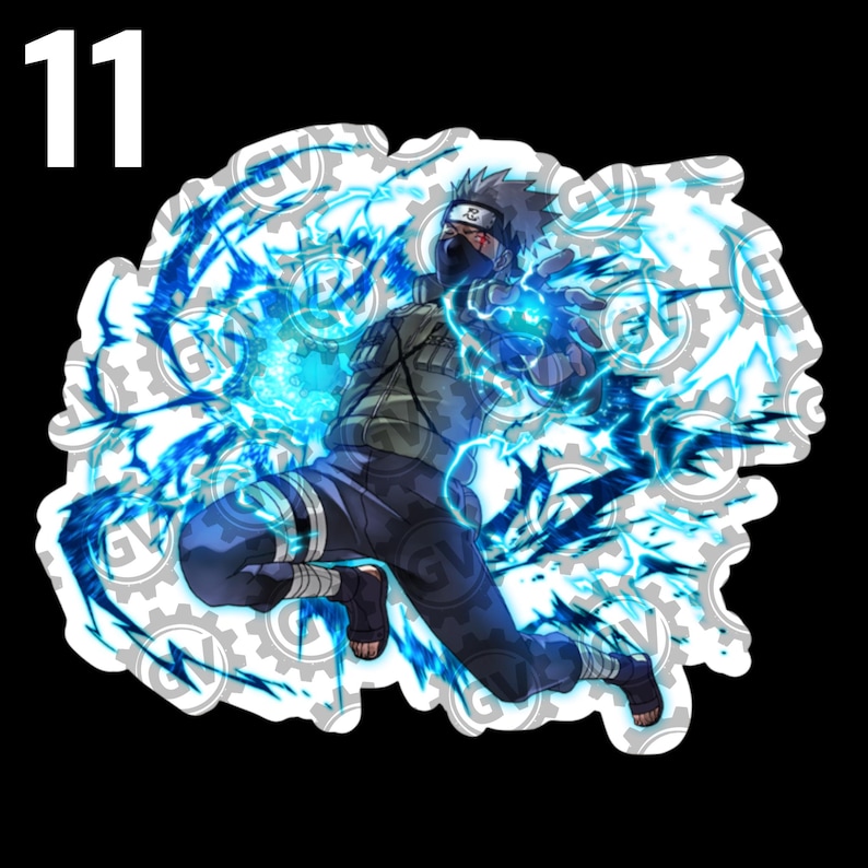 May include: A die-cut sticker featuring an anime character with spiky gray hair and a dark face mask, wearing a tactical vest and dark pants. The character is surrounded by vibrant blue energy effects and lightning, with a subtle gear pattern background.