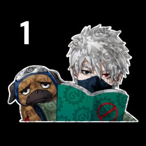 May include: A sticker featuring a character with spiky silver hair, a black face mask, and one red eye, reading a green book with a red circle and line symbol. Beside the character is a brown pug wearing a blue headband with a metal plate.