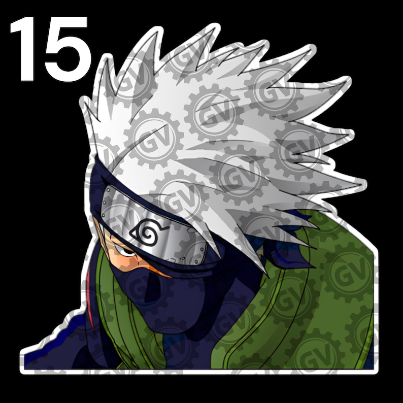 May include: A sticker featuring a character with spiky silver hair, a dark blue face mask covering the nose and mouth, and a metal forehead protector with a spiral symbol. The character wears a dark blue and olive green outfit. The number 15 is visible.