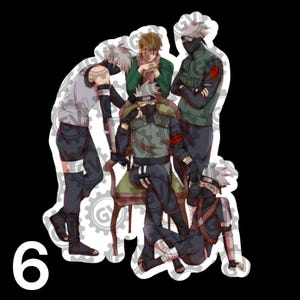 May include: A sticker featuring five anime-style characters with silver hair and face masks, wearing tactical vests and dark clothing. One character sits on a green chair while others stand or crouch around, all depicted in a detailed digital illustration.