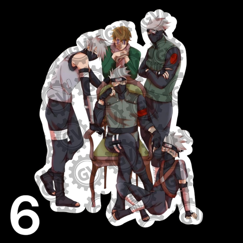 May include: A sticker featuring five anime-style characters with silver hair and face masks, wearing tactical vests and dark clothing. One character sits on a green chair while others stand or crouch around, all depicted in a detailed digital illustration.