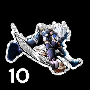 May include: A die-cut sticker featuring an anime character with spiky silver hair, a blue headband, and a dark face mask, lunging forward while holding a curved blade. The character wears a dark blue outfit with bandages on the legs and arms.