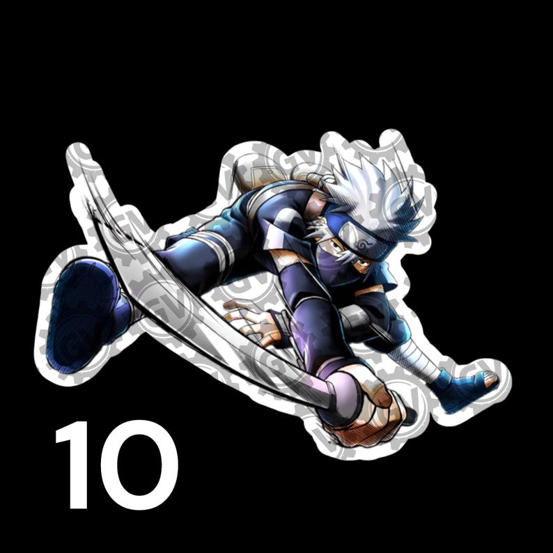 May include: A die-cut sticker featuring an anime character with spiky silver hair, a blue headband, and a dark face mask, lunging forward while holding a curved blade. The character wears a dark blue outfit with bandages on the legs and arms.
