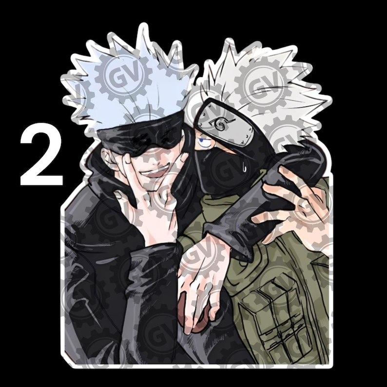 May include: A sticker featuring two anime characters with spiky white hair. The character on the left wears a black blindfold and jacket, while the character on the right wears a black face mask and a green tactical vest. The number 2 is visible.