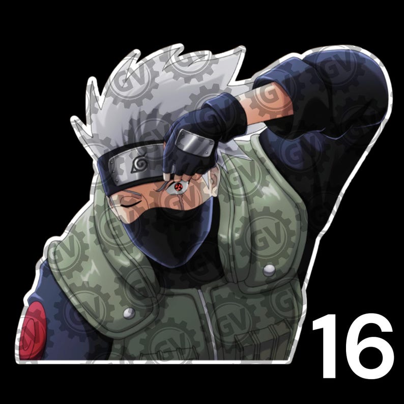 May include: A sticker featuring a character with spiky silver hair, a black face mask, and a dark blue long-sleeved shirt under a green tactical vest. The character wears a black headband with a metal plate and lifts it to reveal a red eye.