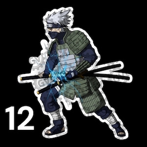 May include: A sticker featuring a character with spiky silver hair, a dark face mask, and a headband, wearing olive green segmented armor over a dark blue outfit. The character holds two black swords with blue lightning effects and the number 12.