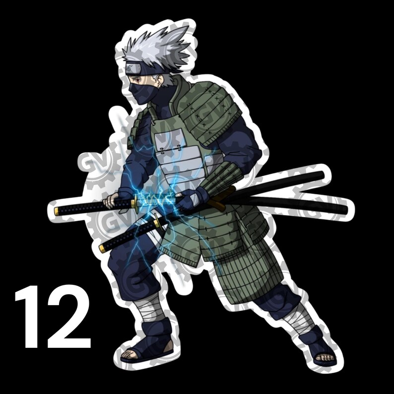 May include: A sticker featuring a character with spiky silver hair, a dark face mask, and a headband, wearing olive green segmented armor over a dark blue outfit. The character holds two black swords with blue lightning effects and the number 12.