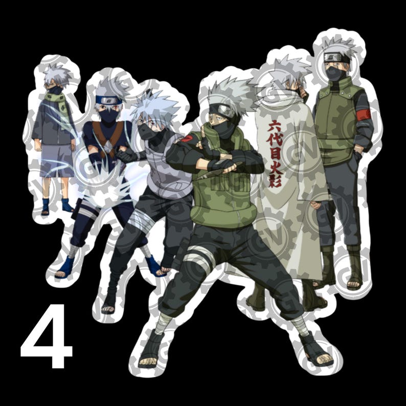 May include: A sticker sheet featuring six illustrations of a spiky-haired character with a face mask, wearing various ninja outfits including a green vest, dark pants, and a white cloak with the red Japanese text 六代目火影 on the back. The number 4 is visible.